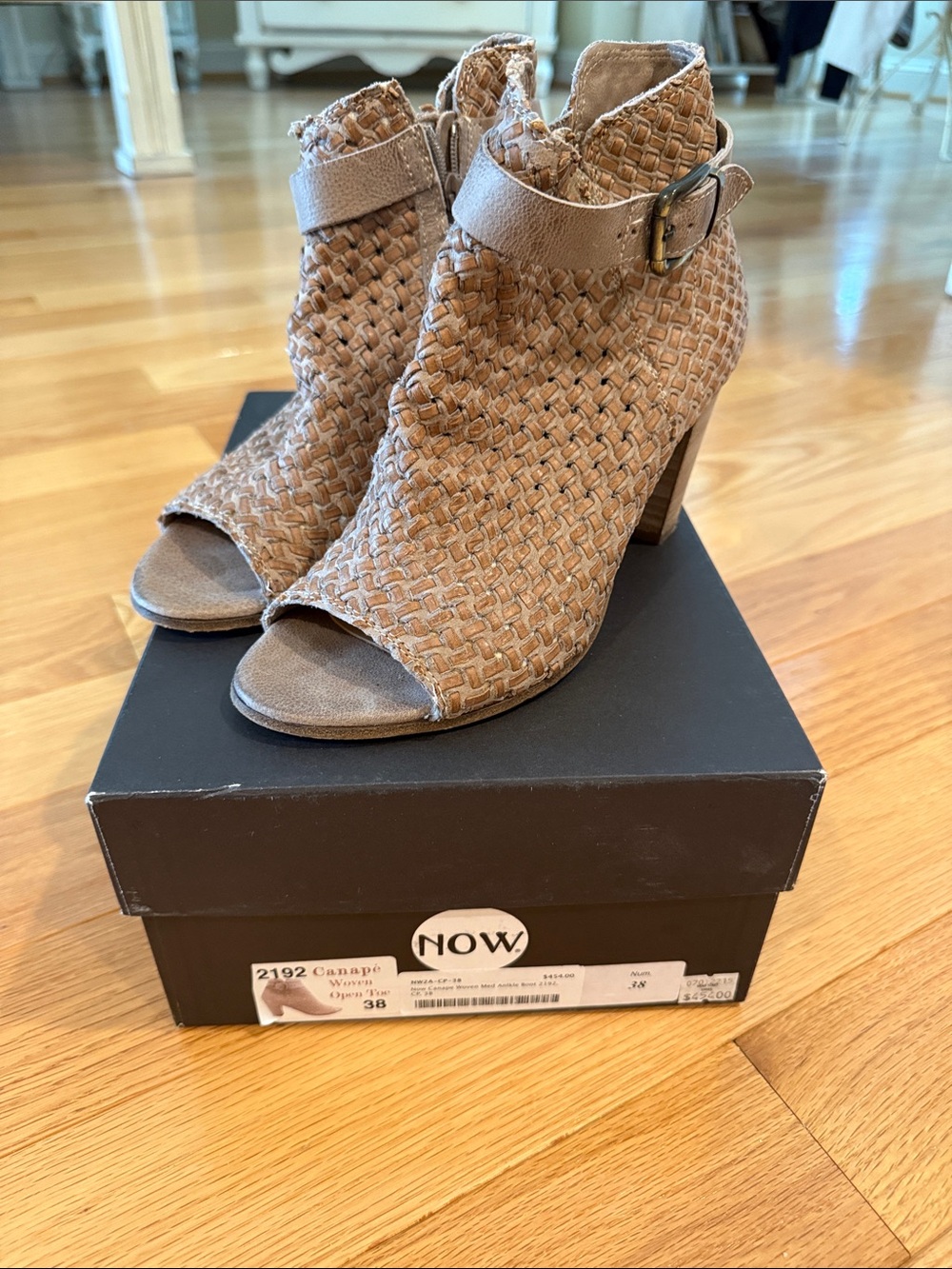 NOW. Woven Peep-Toe Ankle Booties in Tan